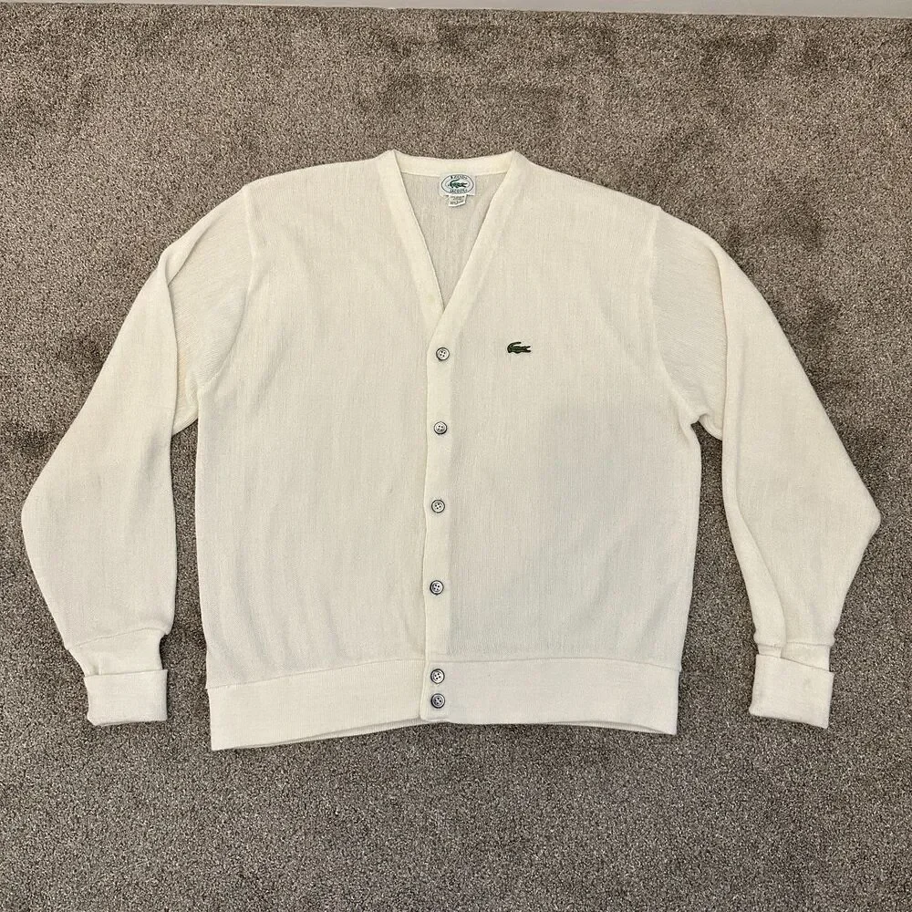 Vtg Izod lacoste Cardigan Sweater L White Orlon Acrylic USA Made Cracodile